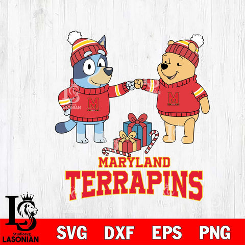 Maryland Terrapins Bluey With Winnie The Pooh Christmas File Cut, NCAA SVG DXF EPS PNG FILE, Digital Download,Instant Download, Silhouette
