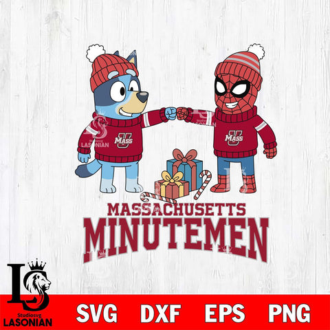Massachusetts Minutemen Bluey With Spider man Christmas File Cut, NCAA SVG DXF EPS PNG FILE, Digital Download,Instant Download, Silhouette