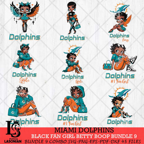 Miami Dolphins Black Fan Girl Betty Boop Bundle 9 Svg Eps Dxf Png File, Digital Download, Instant Download