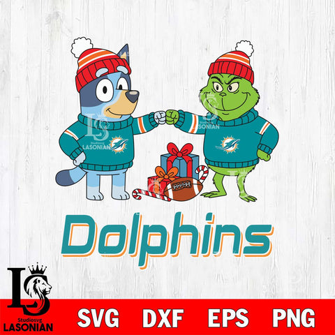 Miami Dolphins Bluey With Grinch Christmas Cricut,Christmas SVG DXF EPS PNG FILE, Digital Download,Instant Download, Silhouette