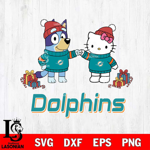 Miami Dolphins Bluey With Hello kitty Christmas Cricut,Christmas SVG DXF EPS PNG FILE, Digital Download,Instant Download, Silhouette