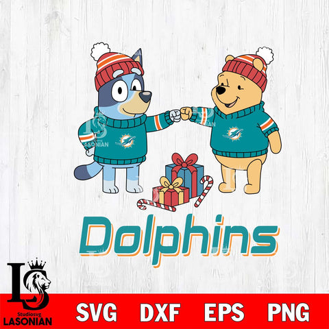 Miami Dolphins Bluey With Winnie The Pooh Christmas Cricut,Christmas SVG DXF EPS PNG FILE, Digital Download,Instant Download, Silhouette