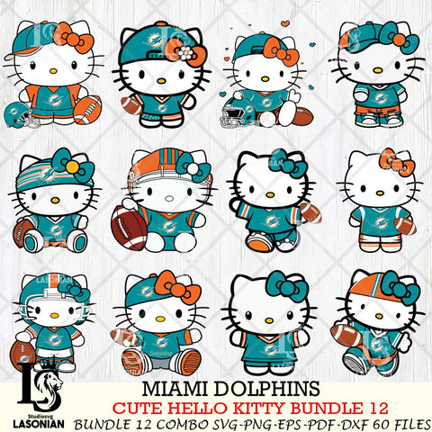 Miami Dolphins Cute Hello Kitty NFL Bundle 12 SVG Svg Eps Dxf Png File, NFL svg, Digital Download, Instant Download