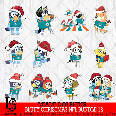 Miami Dolphins  Bluey Christmas NFL Bundle 12 SVG Svg Eps Dxf Png File, Digital Download, Instant Download