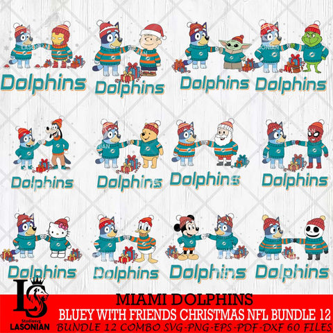 Miami Dolphins  Bluey With friends christmas NFL Bundle Cricut,Bundle NFL SVG DXF EPS PNG FILE, Digital Download,Instant Download, Silhouette
