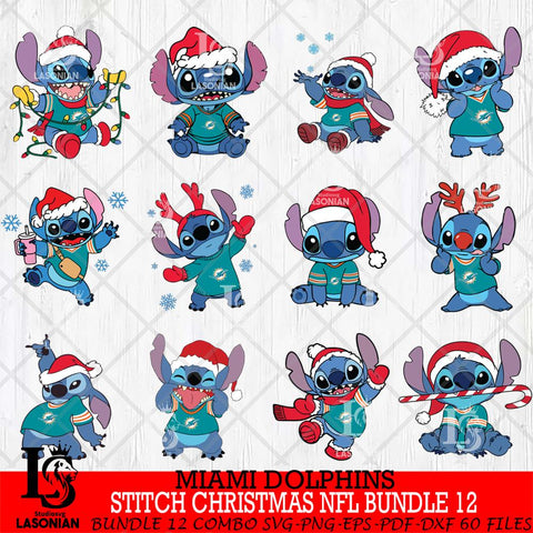 Miami Dolphins  Stitch Christmas NFL Bundle 12 Svg Eps Dxf Png File, Digital Download, Instant Download