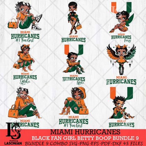 Miami Hurricanes Black Fan Girl Betty Boop Bundle 9, Svg Eps Dxf Png File, Digital Download