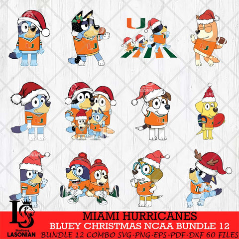 Miami Hurricanes Bluey Christmas NCAA Bundle 12 SVG Eps Dxf Png File, Digital Download, Instant Download