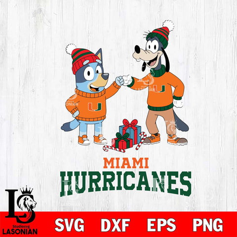 Miami Hurricanes Bluey With Goofy Christmas File Cut, NCAA SVG DXF EPS PNG FILE, Digital Download,Instant Download, Silhouette