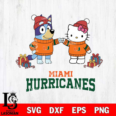 Miami Hurricanes Bluey With Hello kitty Christmas File Cut, NCAA SVG DXF EPS PNG FILE, Digital Download,Instant Download, Silhouette