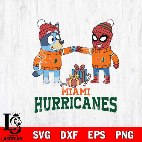 Miami Hurricanes Bluey With Spider man Christmas File Cut, NCAA SVG DXF EPS PNG FILE, Digital Download,Instant Download, Silhouette