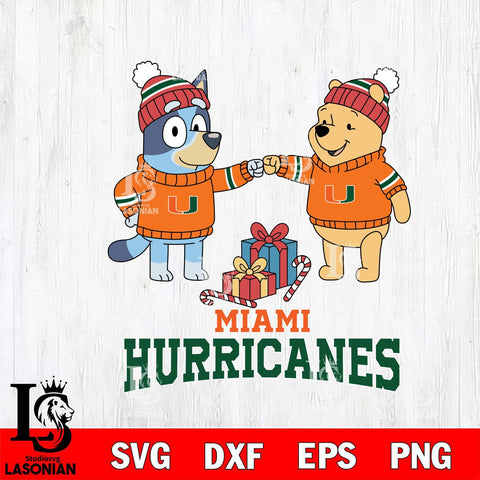 Miami Hurricanes Bluey With Winnie The Pooh Christmas File Cut, NCAA SVG DXF EPS PNG FILE, Digital Download,Instant Download, Silhouette