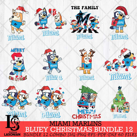 Miami Marlins Bluey Happy Christmas Bundle 12 Svg Eps Dxf Png File, Digital Download