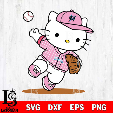 Miami Marlins Hello Kitty pink Throws the baseball SVG DXF EPS PNG FILE, MLB File Cut,Hello Kitty Digital Download,Instant Download, Silhouette