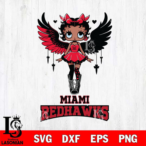 Miami RedHawks Anglel Black Fan Girl Betty Boop, Svg Eps Dxf Png File, Digital Download