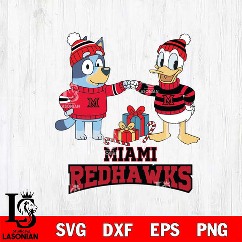 Miami RedHawks Bluey With Donald Duck Christmas File Cut, NCAA SVG DXF EPS PNG FILE, Digital Download,Instant Download, Silhouette