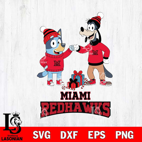 Miami RedHawks Bluey With Goofy Christmas File Cut, NCAA SVG DXF EPS PNG FILE, Digital Download,Instant Download, Silhouette