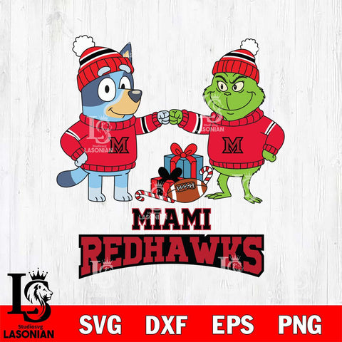 Miami RedHawks Bluey With Grinch Christmas File Cut, NCAA SVG DXF EPS PNG FILE, Digital Download,Instant Download, Silhouette