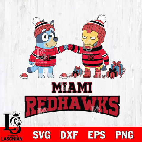 Miami RedHawks Bluey With Iron man Christmas File Cut, NCAA SVG DXF EPS PNG FILE, Digital Download,Instant Download, Silhouette