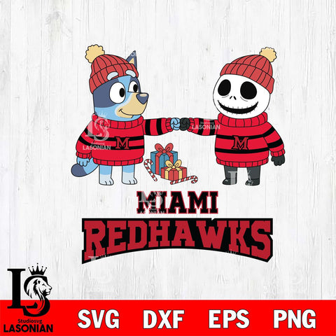 Miami RedHawks Bluey With Jack Skellington Christmas File Cut, NCAA SVG DXF EPS PNG FILE, Digital Download,Instant Download, Silhouette