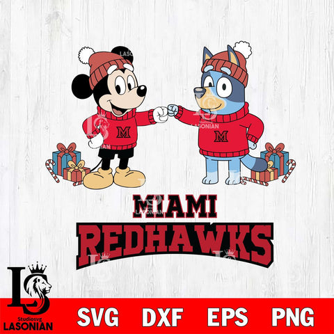 Miami RedHawks Bluey With Mickey Christmas File Cut, NCAA SVG DXF EPS PNG FILE, Digital Download,Instant Download, Silhouette