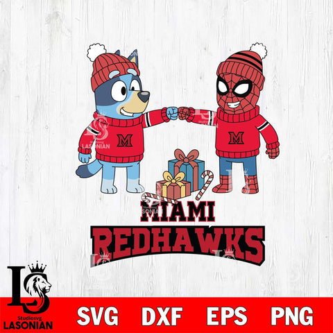 Miami RedHawks Bluey With Spider man Christmas File Cut, NCAA SVG DXF EPS PNG FILE, Digital Download,Instant Download, Silhouette