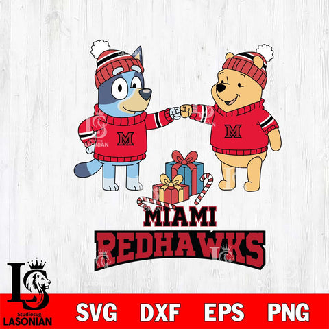 Miami RedHawks Bluey With Winnie The Pooh Christmas File Cut, NCAA SVG DXF EPS PNG FILE, Digital Download,Instant Download, Silhouette