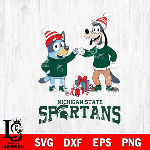 Michigan State Spartans Bluey With Goofy Christmas File Cut, NCAA SVG DXF EPS PNG FILE, Digital Download,Instant Download, Silhouette