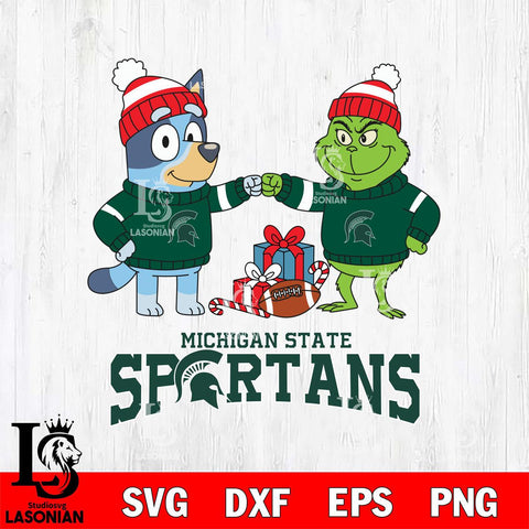 Michigan State Spartans Bluey With Grinch Christmas File Cut, NCAA SVG DXF EPS PNG FILE, Digital Download,Instant Download, Silhouette