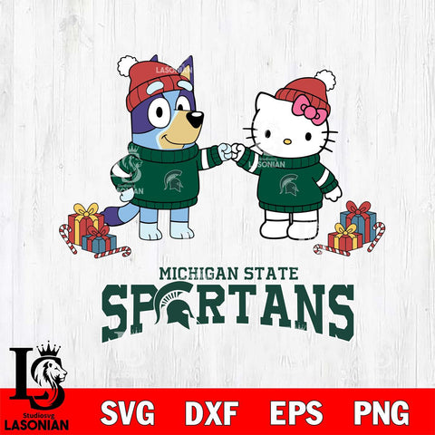 Michigan State Spartans Bluey With Hello kitty Christmas File Cut, NCAA SVG DXF EPS PNG FILE, Digital Download,Instant Download, Silhouette