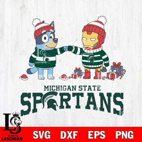 Michigan State Spartans Bluey With Iron man Christmas File Cut, NCAA SVG DXF EPS PNG FILE, Digital Download,Instant Download, Silhouette