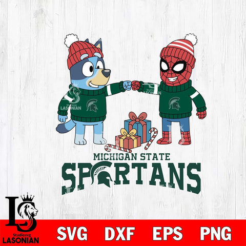 Michigan State Spartans Bluey With Spider man Christmas File Cut, NCAA SVG DXF EPS PNG FILE, Digital Download,Instant Download, Silhouette