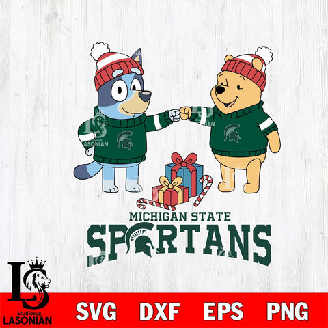 Michigan State Spartans Bluey With Winnie The Pooh Christmas File Cut, NCAA SVG DXF EPS PNG FILE, Digital Download,Instant Download, Silhouette