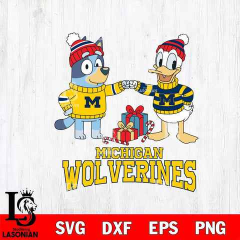 Michigan Wolverines Bluey With Donald Duck Christmas File Cut, NCAA SVG DXF EPS PNG FILE, Digital Download,Instant Download, Silhouette