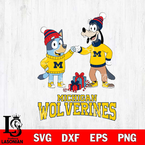 Michigan Wolverines Bluey With Goofy Christmas File Cut, NCAA SVG DXF EPS PNG FILE, Digital Download,Instant Download, Silhouette