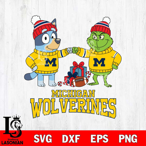 Michigan Wolverines Bluey With Grinch Christmas File Cut, NCAA SVG DXF EPS PNG FILE, Digital Download,Instant Download, Silhouette