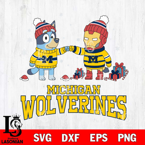 Michigan Wolverines Bluey With Iron man Christmas File Cut, NCAA SVG DXF EPS PNG FILE, Digital Download,Instant Download, Silhouette