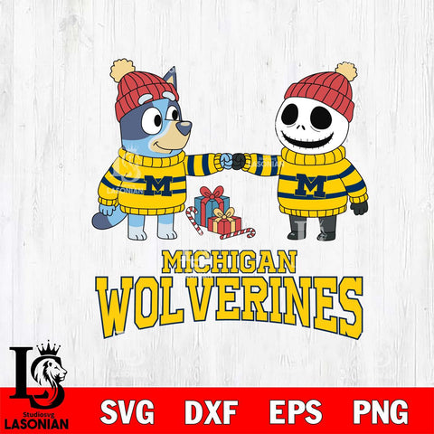 Michigan Wolverines Bluey With Jack Skellington Christmas File Cut, NCAA SVG DXF EPS PNG FILE, Digital Download,Instant Download, Silhouette