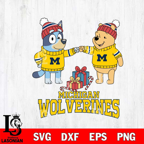 Michigan Wolverines Bluey With Winnie The Pooh Christmas File Cut, NCAA SVG DXF EPS PNG FILE, Digital Download,Instant Download, Silhouette