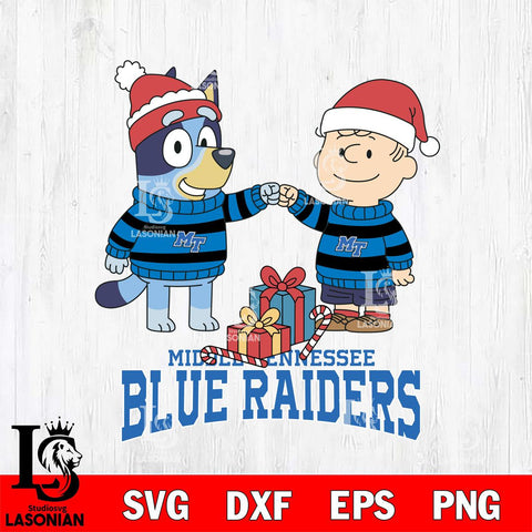 Middle Tennessee Blue Raiders Bluey With Charlie Brown Christmas File Cut, NCAA SVG DXF EPS PNG FILE, Digital Download,Instant Download, Silhouette