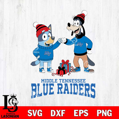 Middle Tennessee Blue Raiders Bluey With Goofy Christmas File Cut, NCAA SVG DXF EPS PNG FILE, Digital Download,Instant Download, Silhouette