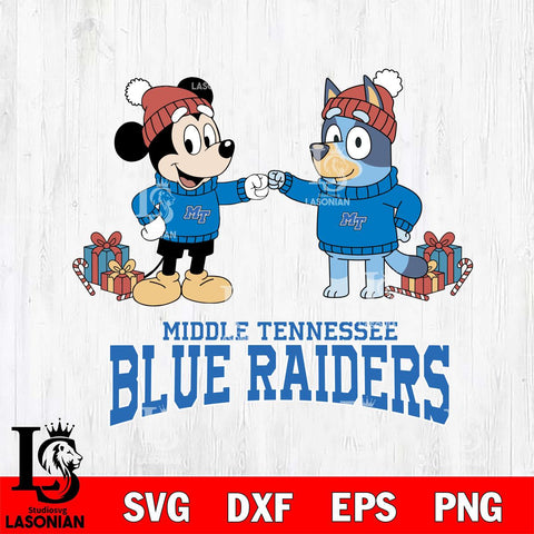Middle Tennessee Blue Raiders Bluey With Mickey Christmas File Cut, NCAA SVG DXF EPS PNG FILE, Digital Download,Instant Download, Silhouette