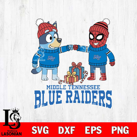 Middle Tennessee Blue Raiders Bluey With Spider man Christmas File Cut, NCAA SVG DXF EPS PNG FILE, Digital Download,Instant Download, Silhouette