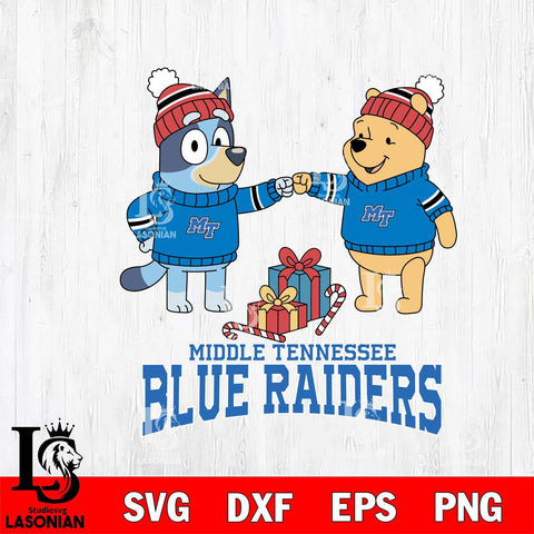 Middle Tennessee Blue Raiders Bluey With Winnie The Pooh Christmas File Cut, NCAA SVG DXF EPS PNG FILE, Digital Download,Instant Download, Silhouette