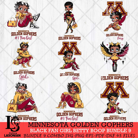 Minnesota Golden Gophers Black Fan Girl Betty Boop Bundle 9, Svg Eps Dxf Png File, Digital Download