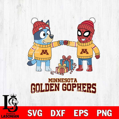Minnesota Golden Gophers Bluey With Spider man Christmas File Cut, NCAA SVG DXF EPS PNG FILE, Digital Download,Instant Download, Silhouette