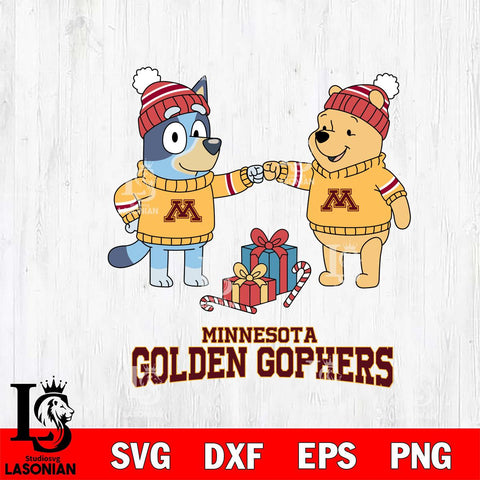 Minnesota Golden Gophers Bluey With Winnie The Pooh Christmas File Cut, NCAA SVG DXF EPS PNG FILE, Digital Download,Instant Download, Silhouette