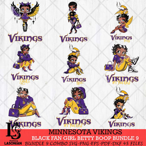 Minnesota Vikings Black Fan Girl Betty Boop Bundle 9 Svg Eps Dxf Png File, Digital Download, Instant Download