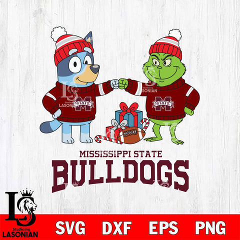 Mississippi State Bulldogs Bluey With Grinch Christmas File Cut, NCAA SVG DXF EPS PNG FILE, Digital Download,Instant Download, Silhouette