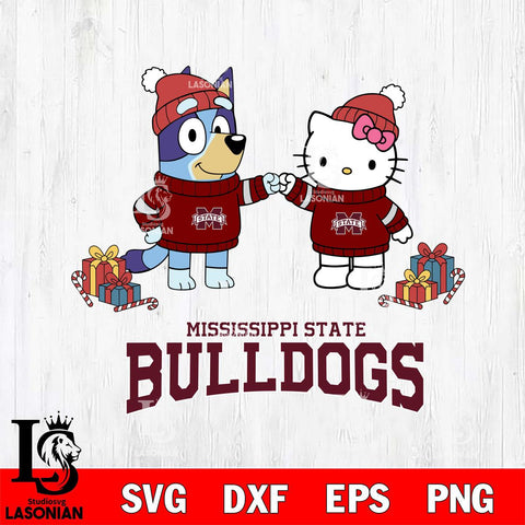 Mississippi State Bulldogs Bluey With Hello kitty Christmas File Cut, NCAA SVG DXF EPS PNG FILE, Digital Download,Instant Download, Silhouette